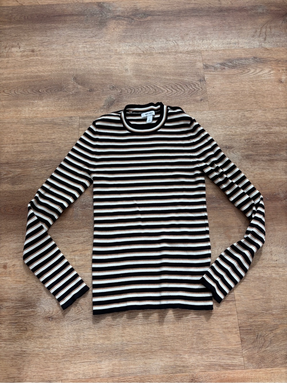 Nine West Black and White Striped Long Sleeve Tee